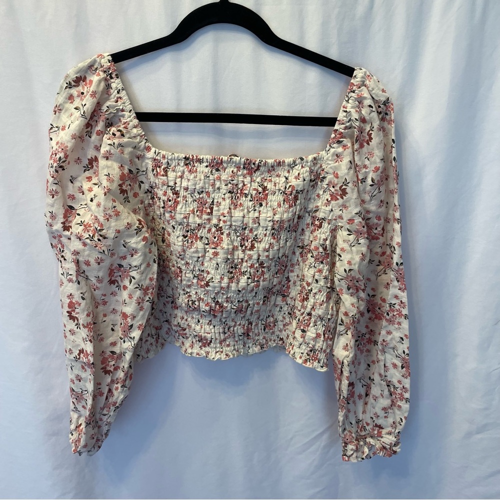 American Eagle Size XL Cropped Pink Beige Floral Long Sleeve Puffy Sleeve Blouse - Picture 9 of 13